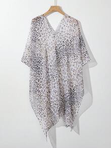 1pc Leopard Print Beach Cover-Up, Swimsuit Sunscreen Shawl, Polyester - Multicolor - View 6