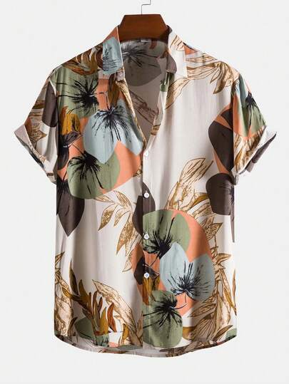 Men's Vintage Botanical Print Linen-Like Short Sleeve Shirt, Boho Hawaiian Casual Button Down Shirt, Loose Fit Tropical Leaf Pattern Summer Beach Shirt For Vacation, Party, Daily Wear