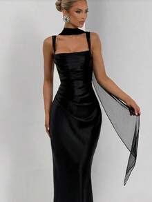 New Fashion Temperament Slim-Fit Solid Color Slim-Fit Dress Including Scarf - 黑色 - 查看 1