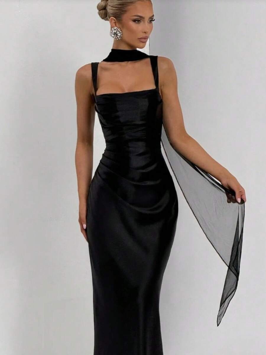New Fashion Temperament Slim-Fit Solid Color Slim-Fit Dress Including Scarf - 黑色 - 查看 1