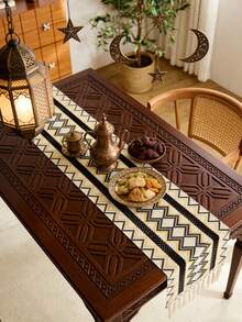 1 Piece Middle Eastern Islamic Style Geometric Zigzag Woven Table Runner, Black/White/Yellow Pattern With Fringed Edge, Durable Woven Material Table Decor, Ideal For Ramadan Festival & Traditional Dining Room, Matching With Carved Wooden Table & Copper Tea Set To Create Rich Cultural Atmosphere - Multicolor - View 3