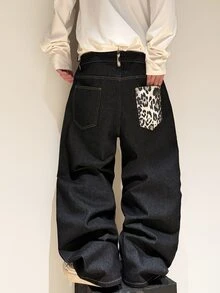 1件 Justice Brother 韩版个性街头豹纹拼接黑色牛仔裤，宽松阔腿裤，时尚百搭长裤（不含腰带和配饰） - 黑色 - 查看 7