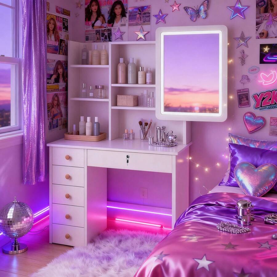 Y2K Bedroom White Vanity Desk With Sliding Track LED Mirror & Hidden Storage Behind Mirror, Makeup Table With Drawers And Shelves, Compact Dressing Table For Small Rooms Or Dorm - 白色 - 查看 1