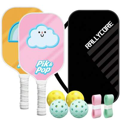 Juego de palas de pickleball con 2 raquetas, 4 pelotas, bolsa y cintas de agarre. Superficie de fibra de vidrio y núcleo de polipropileno para el control. Forma de Body ancho para todos los niveles de habilidad y edades.