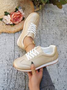 planare Women's Fashionable Casual Sports Style Round Toe Beige Lace-Up Slip-On Lightweight & Comfortable Sneakers, Suitable For Daily Commute Matching, Solid Color Design For All Seasons - Beige - View 2