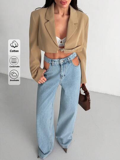 Hög midja Enfärgade Casual Bekväma Denim Jeans Med Fickor Och Dragkedja Med Knappar