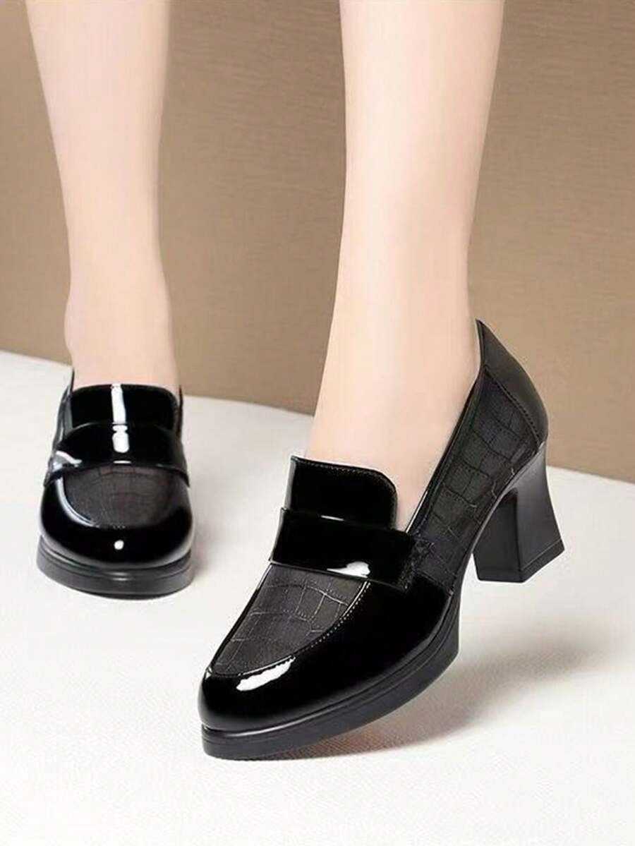 新款高帮女鞋圆头旗袍鞋舒适走秀鞋专业高跟皮鞋，长时间穿着不累脚 - 黑色 - 查看 1