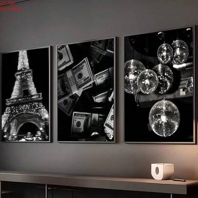 1/3pcs Black Fashion Printed Canvas Painting, Black And White Retro Wall Art, Disco Ball Poster, Suitable For Bedrooms, Living Rooms, Offices, And Home Decor. Frameless.