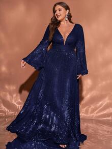 Plus Size Women Navy Blue Sequin Deep V-Neck Flare Sleeve A-Line Maxi Party Evening Dress - Navy Blue - View 4