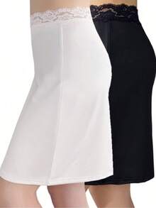 2pcs Set Elegant Lace Trim Solid Color Skirt, Side Slit Slip Skirt, Women Lingerie And Shapewear