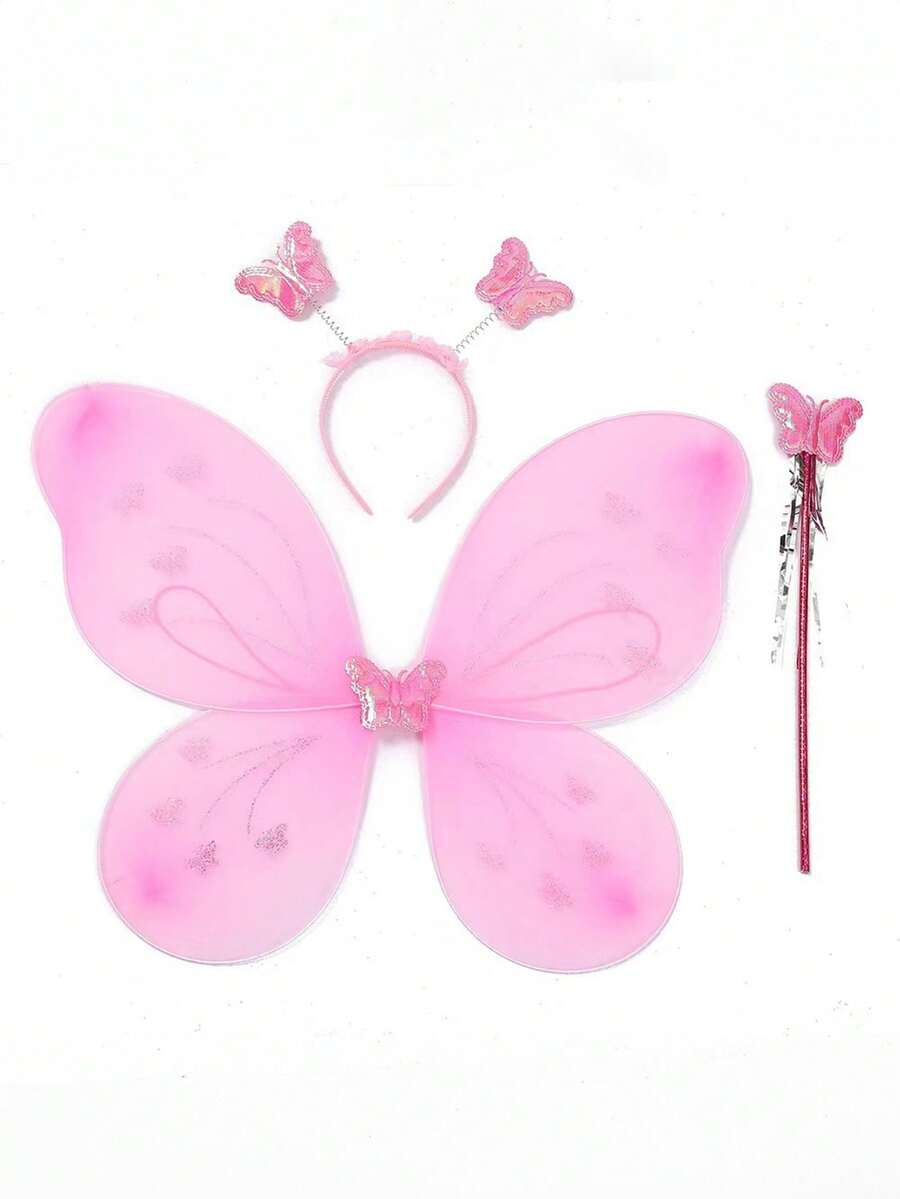 3pcs Butterfly Fairy Wings Party Supplies - Semi-Transparent Pink And White Delicate Pattern, Elastic Band With Safety Clips For Cosplay, Practical Holiday Stage Performances, Princess Dress-Up (Non-Electric), Fantasy Design Soft Texture