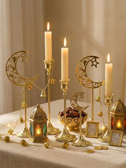 Ramadan Mån-/Stjärnljusstakar, Ljusstakeset i guldfärgad metallkon, Dekorativa ljusstakar för matbord, Heminredning, Rumsinredning, Fest- och högtidsdekor med stjärnor, månar, lyktor - Perfekt present till familj och vänner