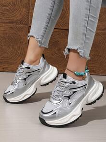女士户外休闲运动鞋 厚底厚底运动鞋 2025新款网面透气系带简约时尚跑步鞋 平底户外滑板鞋 - 銀色 - 查看 7
