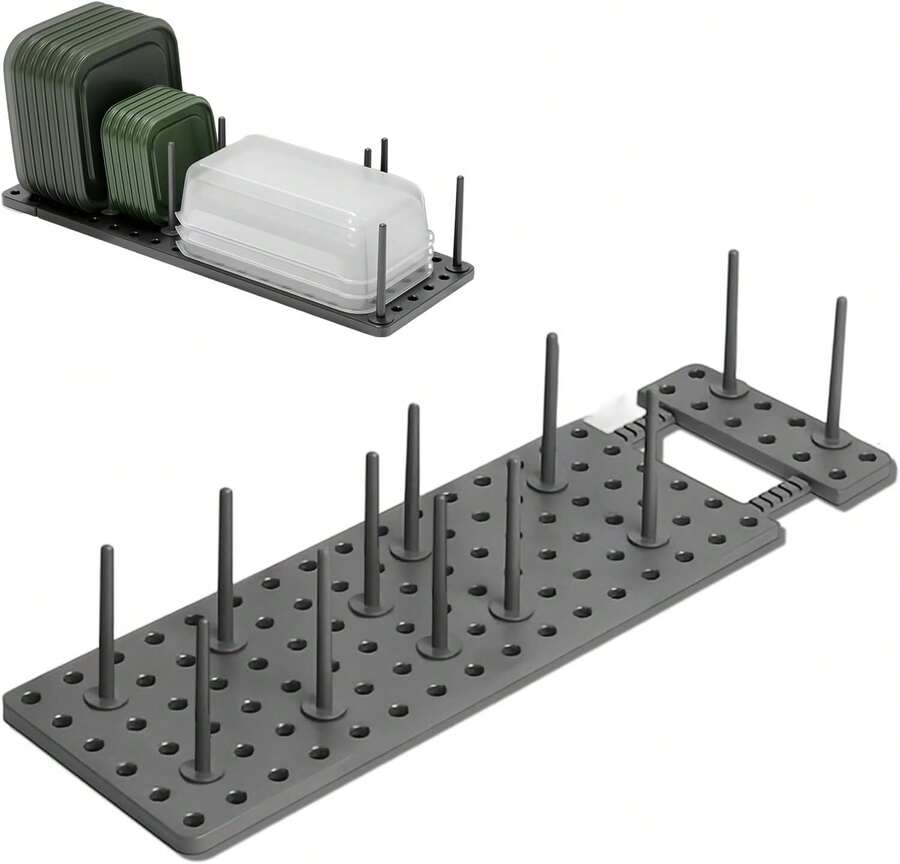 Escurreplatos regulable con 12 columnas de soporte, escurreplatos de polipropileno gris, portatapas extensible para cocina y cajón, organizador para platos, sartenes y tapas - Gris Oscuro - Ver 1