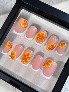 10pcs Short Square Handmade Press-On Nails, Pink Base, White French Tips, 3D Yellow Flower Carving, Simple And Cute Acrylic Nails, Suitable For Girls And Ladies' Daily, Date, Vacation, And School Nail Decorations. Includes Jelly Gel And Nail File. - Multicolor - View 2