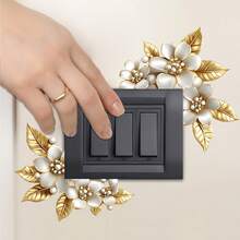 Gold Floral Switch Sticker, Decorated With Pearls And Diamonds, Self-Adhesive Removable Wall Sticker, Elegant Outlet Decor, Suitable For Home Living Room, Bedroom Wall Decoration - Gold - View 10
