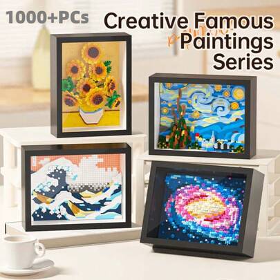1000+ Pieces Famous Painting Jigsaw Puzzle Art Set, Starry Sky, Sunflower, Landscape, With Decorative Frames, Wall Decor For Living Room, Creative Gift