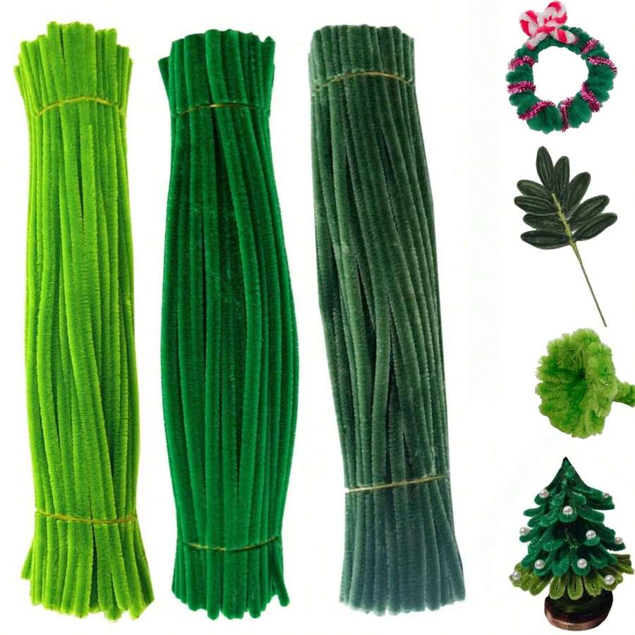 Bộ 300 que làm sạch ống màu xanh lá cây, que làm sạch ống mềm dẻo dài 11,8 inch, 3 màu xanh lá cây, que nhung mềm mại, vật tư và nguyên liệu thủ công cho các dự án nghệ thuật và thủ công.