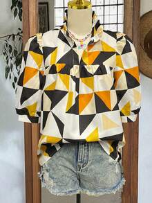 Women's Casual Vacation Shirt, Geometric Ruffle Hem, V-Neck Pleated Design, Bell Sleeves, Spring/Summer - Multicolor - View 2
