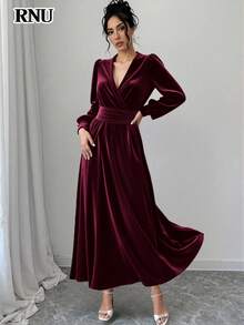 RNU Đầm maxi nhung màu đỏ tía trơn dành cho nữ, cổ chữ V, thiết kế thắt eo, trang phục thanh lịch cho phái nữ, đầm dạ hội thu/đông, thích hợp cho tiệc tùng, hẹn hò, kỳ nghỉ, các dịp thường ngày, đầm maxi xếp ly, đầm sinh nhật màu đỏ, trang phục mùa đông, thời trang đa năng, thiết kế độc đáo, đầm ngày lễ tình nhân, trang phục lễ hội, đầm dài năm mới, đầm maxi dài tay dáng chữ A duyên dáng dành cho khách dự đám cưới, mùa xuân/hè. - Màu đỏ tím - Xem 6