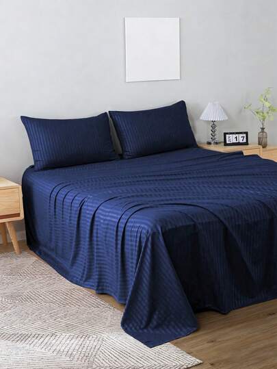 Juego De Sábanas 4 Piezas Para Cama Matrimonial Estilo Jacquard Rayada 3000 Hilos, No Se Destine Ni Se Encoge Fácilmente, Adecuado Para Dormitorio, Dormitorios Y Uso Doméstico (1 Forro, 1 Sábana/ 2 Fundas)