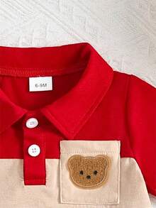 2 pièces Chemise de polo à col bébé garçon avec bloc de couleurs, poche et broderie d'ours, et short. Ensemble mode de rue pour enfants - Multicolore - Voir 5