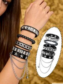 一套朋克摇滚铆钉骷髅星形手链，尖刺铆钉带手链，PU皮革手镯，机车链条手链，男女通用，80年代90年代腕带链条手链，黑色哥特蒸汽朋克风格，可调节，男女皆宜的时尚复古配饰，万圣节派对礼物