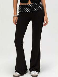 Women Fold Over Yoga Pants Low Rise Wide Leg Sweatpants Dot Printed Flare Leggings Y2k Foldover Lounge Workout - 黑色 - 查看 1