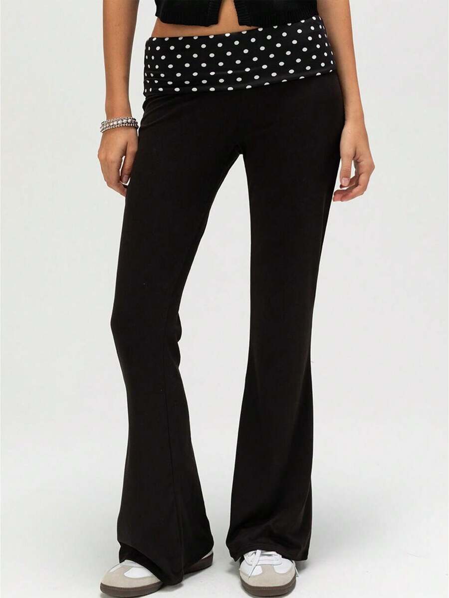 Women Fold Over Yoga Pants Low Rise Wide Leg Sweatpants Dot Printed Flare Leggings Y2k Foldover Lounge Workout - 黑色 - 查看 1