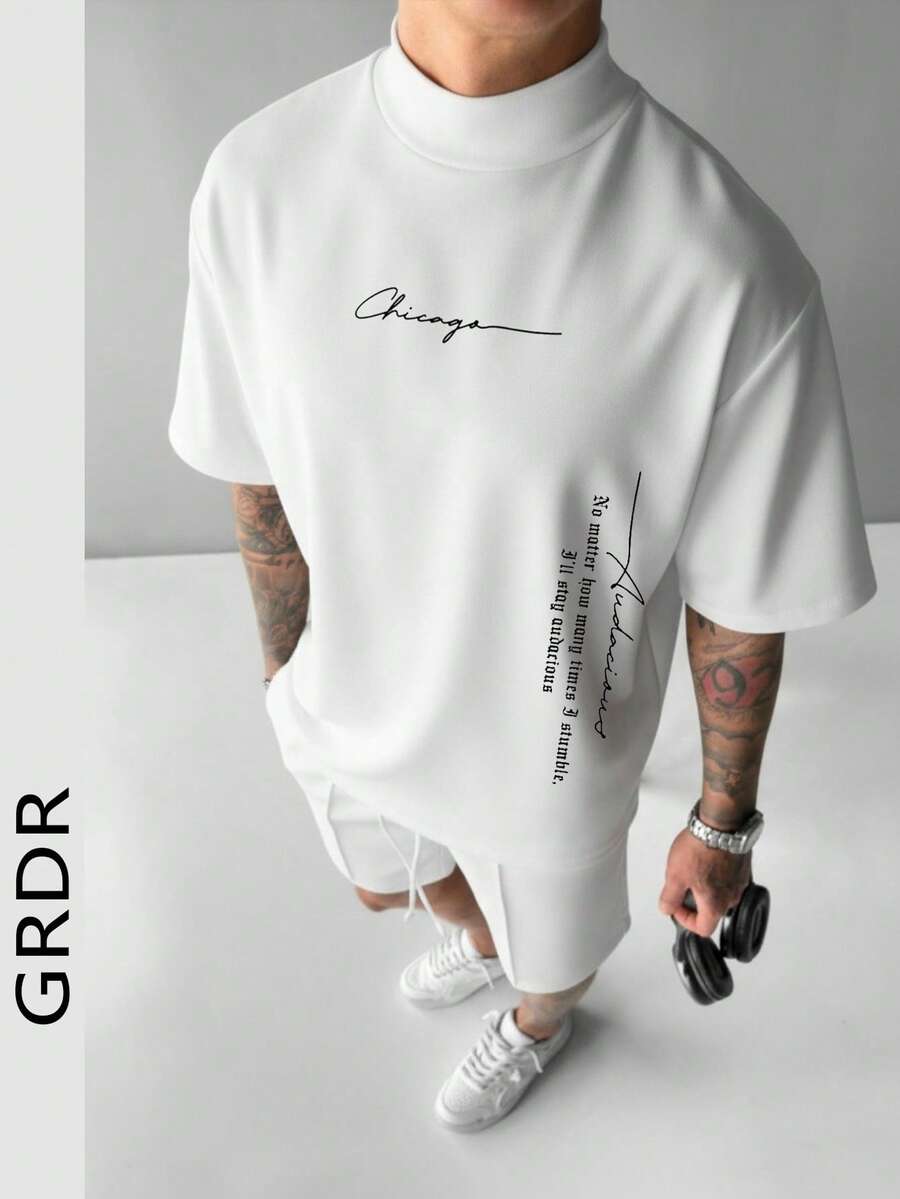 GRDR 男士夏季简约时尚英文印花Polo衫，夏季必备时尚单品 - 白色 - 查看 1