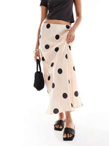 Falda Larga con Estampado de Grandes Puntos - Corte Alto con Ligera Abertura, Falda Retro Elegante para el Día a Día - Blanco - Ver 1
