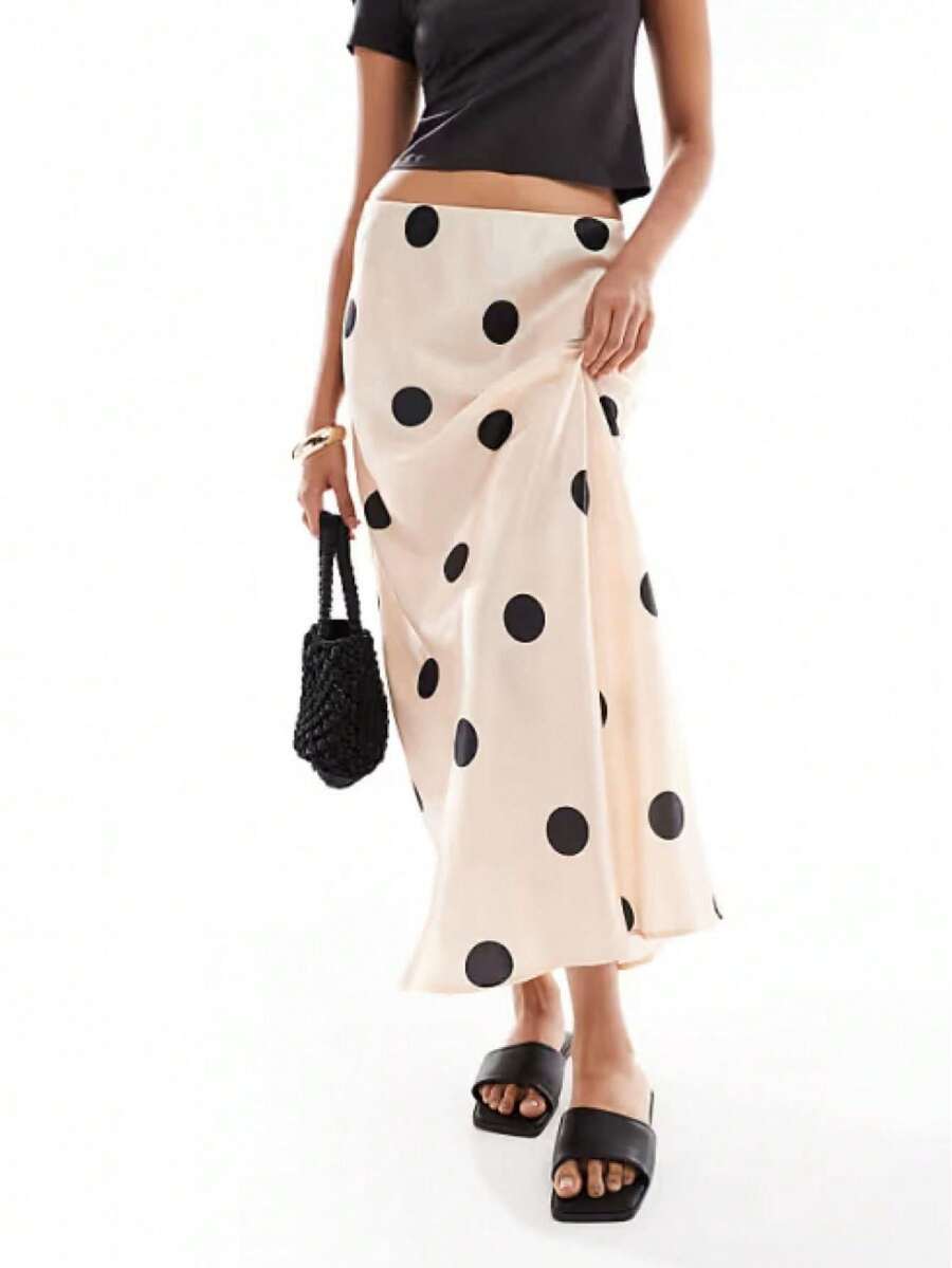 Falda Larga con Estampado de Grandes Puntos - Corte Alto con Ligera Abertura, Falda Retro Elegante para el Día a Día - Blanco - Ver 1