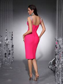 女士奢华闪亮粉色吊带水钻饰边露背中长开衩绷带夜店连衣裙，性感水晶高端明星鸡尾酒会礼服 - 玫紅色 - 查看 9