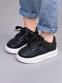 1 Pair Unisex Glitter Flat Sneakers, Soft Sole Non-Slip Infant Casual Walking Shoes, Fashion Versatile Children Outdoor Running Shoes, Suitable For All Seasons - Black - View 4