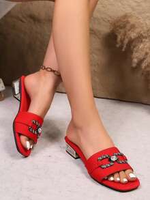 Women's New Fashion Red Rhyme Square Rhinestone High Heel Sandals, Fashionable & Versatile, Comfortable & Easy To Slip On, Suitable For Shopping, Dating, Commuting, Party, Banquet And Various Occasions - Red - View 3