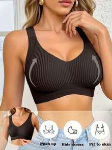 4-Piece Plus Size Bra, Seamless Breathable Wireless Sports Bra For Women - Full Coverage Design, Anti-Slip Material, With Lifting And Support Functions, Comfortable To Wear, Ribbed Details, Made Of Nylon And Elastic Fiber Blend, Hand Wash. Elegant Solid Color Design.Plus Size Lingerie - Nhiều màu - Xem 5