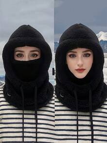 1pc Women's Solid Color Fleece Balaclava Hat, Elastic Drawstring, Lightweight & Warm For Outdoor Use, Cycling, Skiing, Soft & Skin-Friendly - Black Fleece Hood - View 7