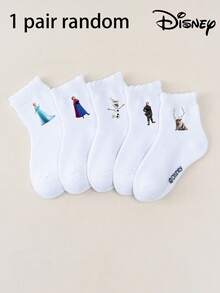 Disney 1/5 Pairs Elsa, Anna, Olaf, Kristoff Sven, Black Double Bar White Mid-Calf Socks,Girls' Short Socks, Boys' Short Socks, Daily/Party Gifts/Easter/Spring Summer Socks, Girls' Short Socks, Soft Comfortable Breathable Ankle Socks Non-Slip Boat Socks, Cute Casual Style, Daily Wear/Party Gifts/Easter/Summer