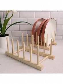 8 Grid Capacity Tableware Rack, Wooden Drainage Board, Dry Drainage Device, Storage Rack, Vertical Cabinet Tableware/Plates/Bowls/Cup Organizer - Apricot - View 1