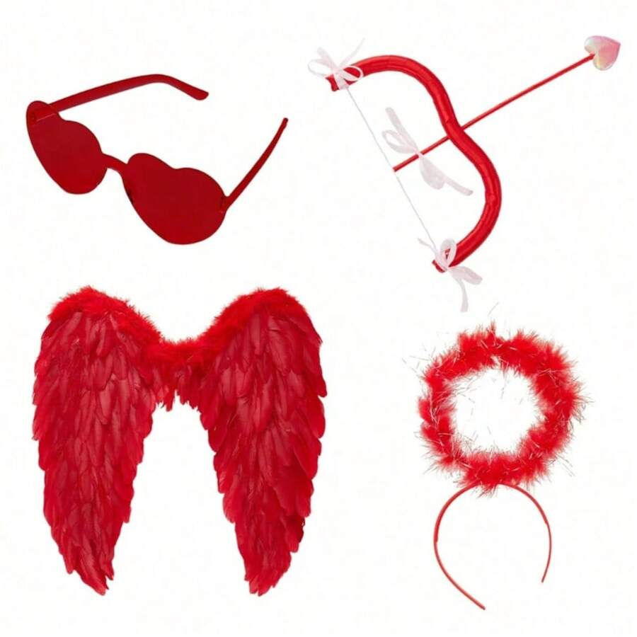 1/4pcs Cupid Costume Props For Valentine's Day, Including Red Feather Wings, Heart-Shaped Sunglasses, Bow And Arrow, Halo Headpiece, Suitable For Holiday Events, Theme Parties, Masquerade Photo Props - Red - View 1