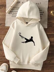 1件装男童休闲印花套头卫衣，保暖内衬，长袖，秋冬季 - 杏色 - 查看 2