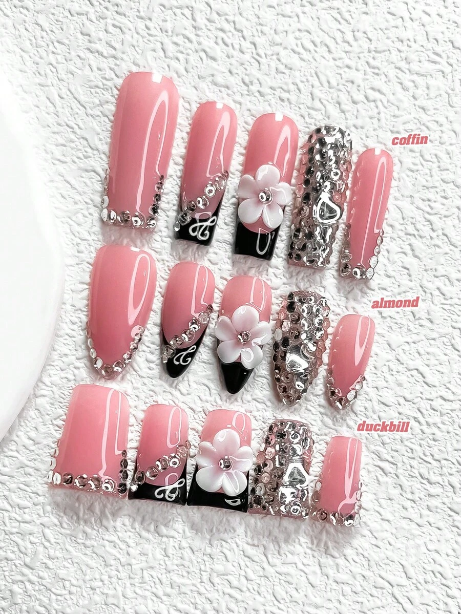 10pcs Shiny Crystal Nail Art Stickers Set, Nude Pink Base Adhesive Nail Decals, Flower Shaped Nail Jewelry, Heart Nail Decorations, Black Gel Nail Polish, Elegant & Luxurious, 3 Sizes Available: Almond, Duck Mouth, Coffin Nail Shapes, Includes Tool Kit (1pc Jelly Sticker + 1pc Nail File), Suitable For Women & Girls, Party & Daily Wear Nail Accessories Nails Nail Supplies - Nhiều màu - Xem 1