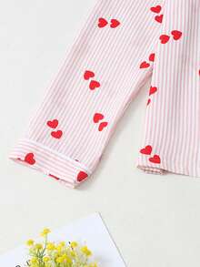 Bonmuse Bộ đồ ngủ dài tay nữ in hình trái tim kẻ sọc, chất liệu nhăn nhẹ, kiểu dáng phồng. - Hồng - Xem 5