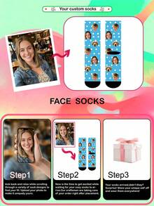 1双个性化文字印花趣味情侣袜，可定制照片和姓名，趣味定制图片情侣袜，适合情人节、生日礼物、圣诞节等场合。