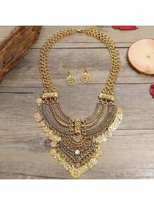 طقم عنقلة عملات قديمة عصري للنساء، عنقلة قمر مستديرة مع شرابات مزينة بالعملات و 2 أقراط - اللون الذهبي القديم - مشاهدة 4