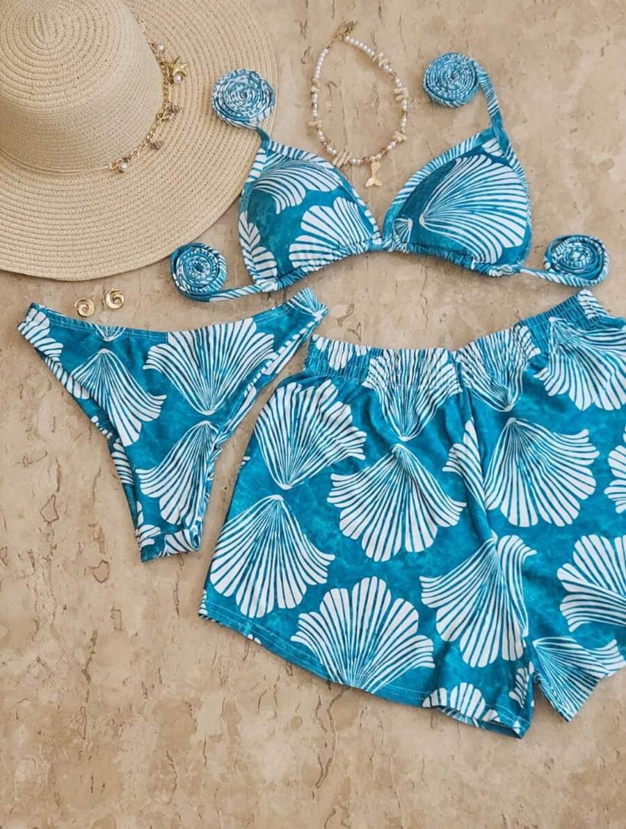 Printed Bikini Set, 3 Pieces, Shorts-Bottom-Top, Beach Bikini, Women's Clothing, Beachwear, Beach Set, Bikini Set, Women's Clothing - màu xanh lá - Xem 1