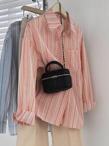 Áo sơ mi dài tay nữ màu hồng kẻ sọc, kiểu dáng thường ngày, thích hợp cho mùa xuân. - Hồng - Xem 2