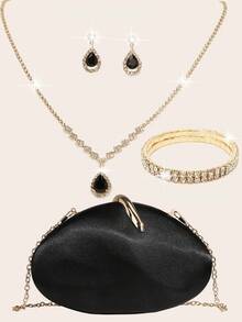 LETODE Elegant Black Satin Clutch Bag, Women's Evening Bridal Wedding Wallet With Detachable Metal Chain, Suitable For Weddings And Parties, Multifunctional Handbag, Cocktail Party Wedding New Wallet, Perfectly Matches Ball Gown Accessories, Party Ball Gown Bag - Black - View 3