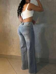 ChicMe Women Allover Rhinestone High Waist Jeans - Wide Leg Denim Pants With Matching Rhinestone Belt - Light Wash - View 3