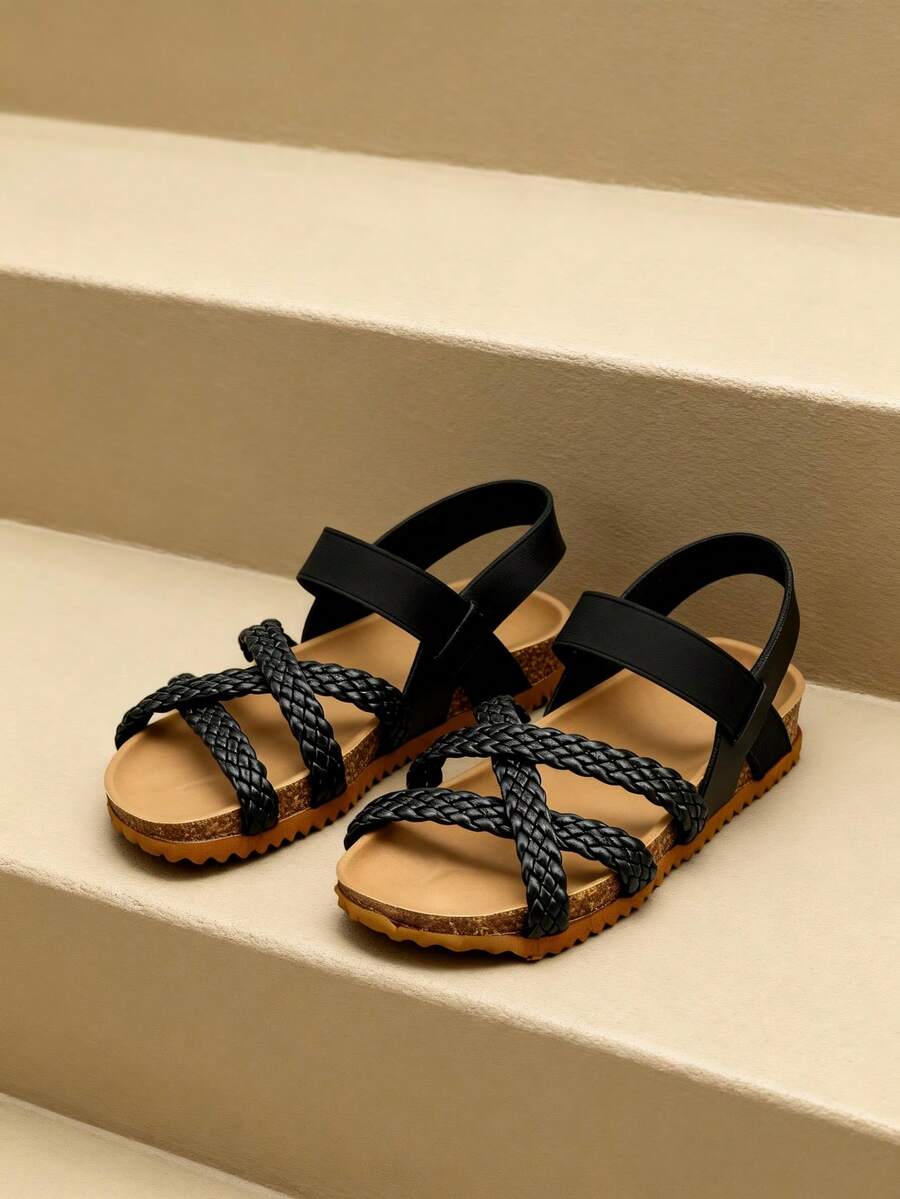 2026春夏限量版手工软底幼儿鞋【3-12岁女童】【婴幼儿】，哑光黑<多层编织交叉绑带>，适合日常通勤、周末休闲、街头、度假、海滩装扮 - 黑色 - 查看 1